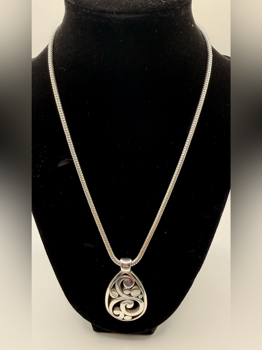 Brighton Silver Scroll Teardrop Pendant Necklace Adjustable Snake Chain